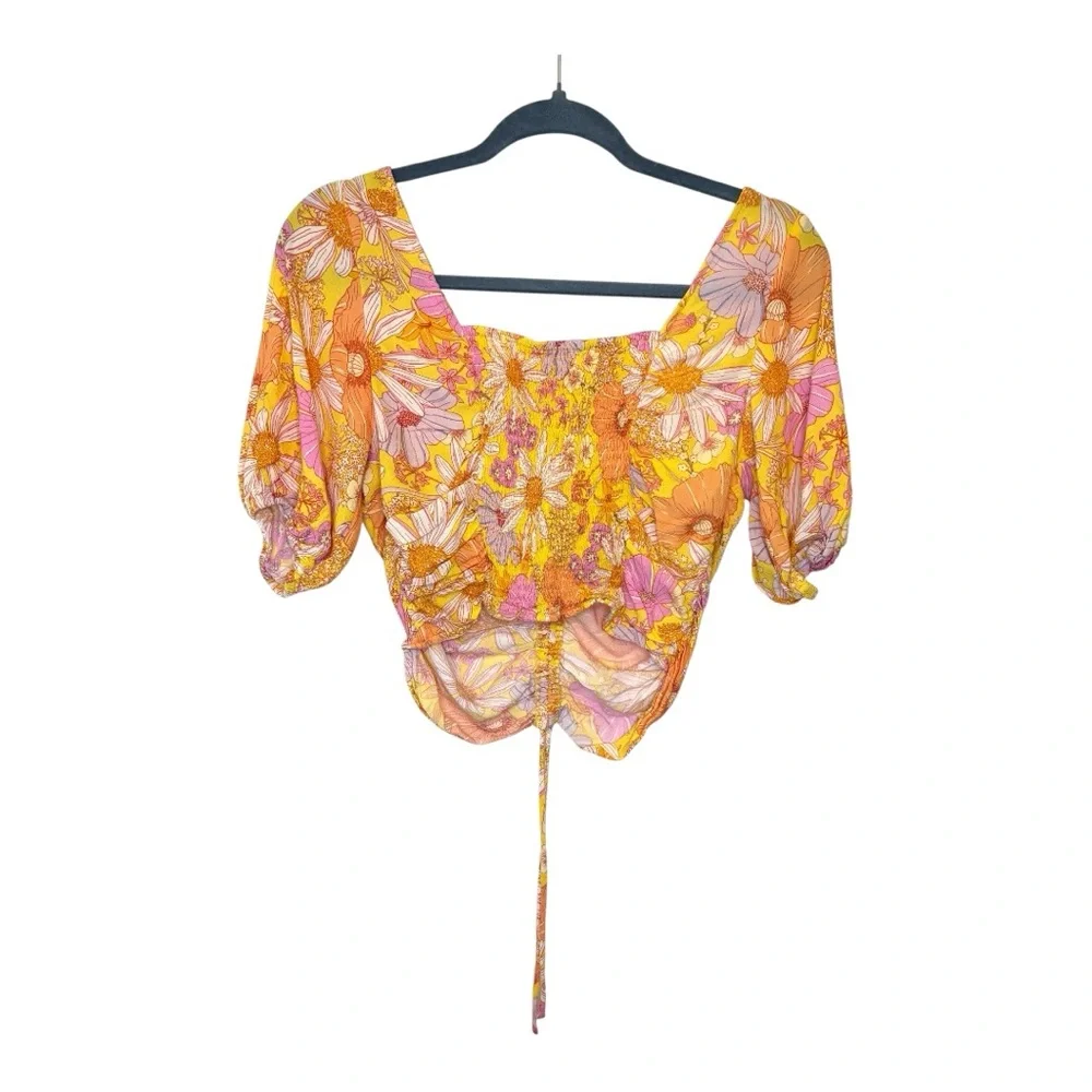 H&M Yellow Pink Floral Puff Sleeve Ruched  Festival Y2K Crop Top Large